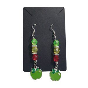 Green Apple Beaded Dangle Earrings Teacher Gift Day Care Fish Hook 3 Inch Long